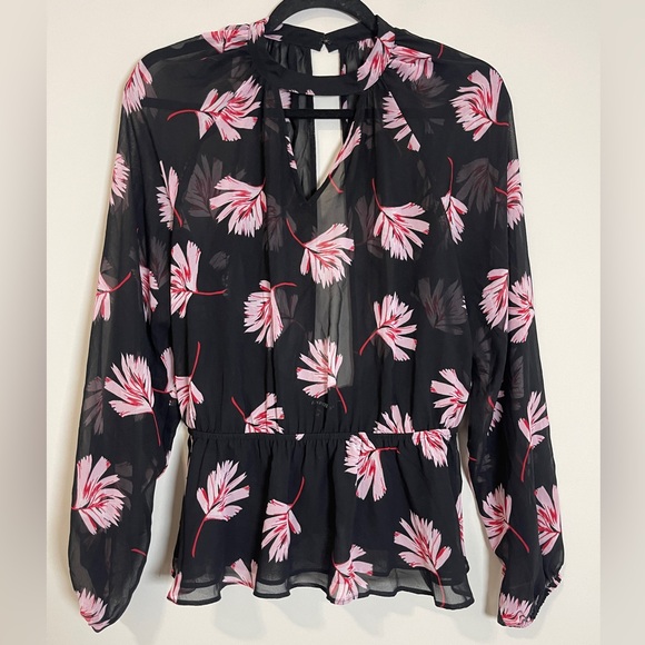 Express Womens Blouse Size S/P Black Floral Sheer Keyhole Open Back Shirt - Picture 3 of 13